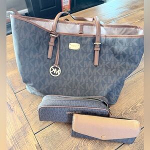 Michael Kors Dark Brown Monogram Tote and Wallet Trio